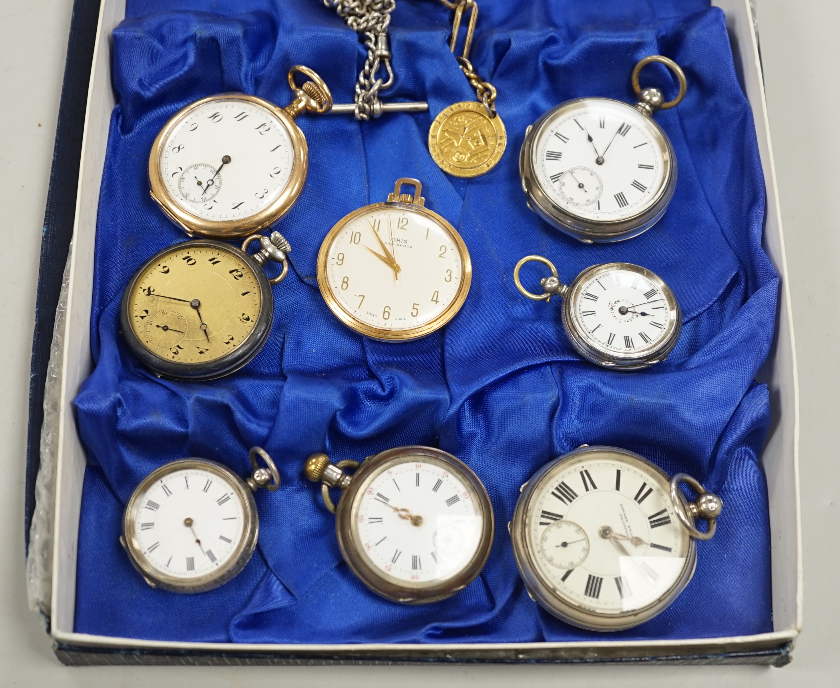 Two silver albert chains, including graduated link and silver gilt(worn), largest 40cm, together with eight assorted pocket or fob watches including silver, white metal and gold plated.